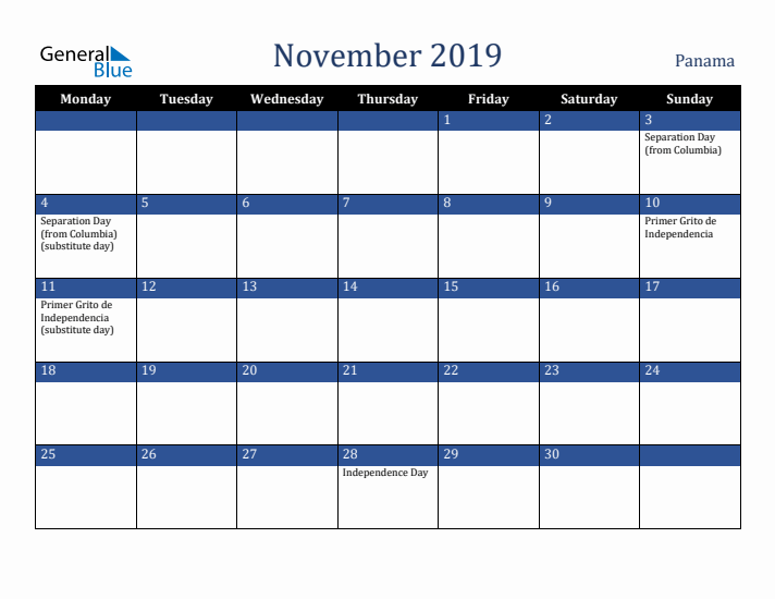 November 2019 Panama Calendar (Monday Start)