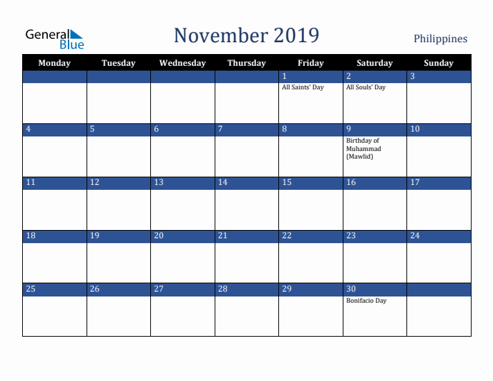 November 2019 Philippines Calendar (Monday Start)