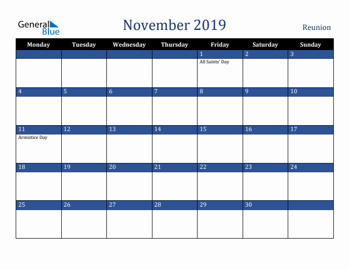 November 2019 Reunion Calendar (Monday Start)