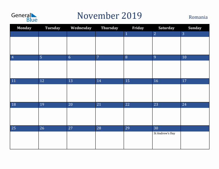 November 2019 Romania Calendar (Monday Start)