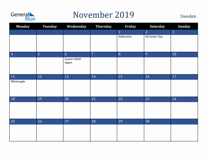 November 2019 Sweden Calendar (Monday Start)
