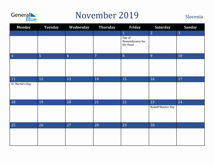 November 2019 Slovenia Calendar (Monday Start)