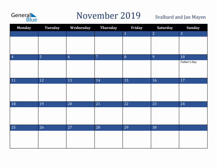 November 2019 Svalbard and Jan Mayen Calendar (Monday Start)