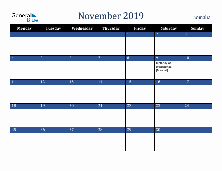November 2019 Somalia Calendar (Monday Start)