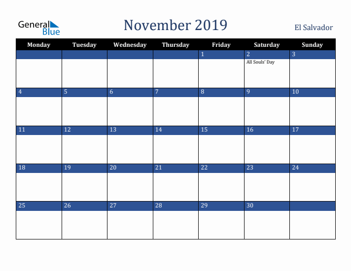November 2019 El Salvador Calendar (Monday Start)