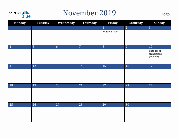 November 2019 Togo Calendar (Monday Start)