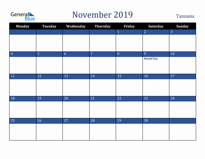November 2019 Tanzania Calendar (Monday Start)