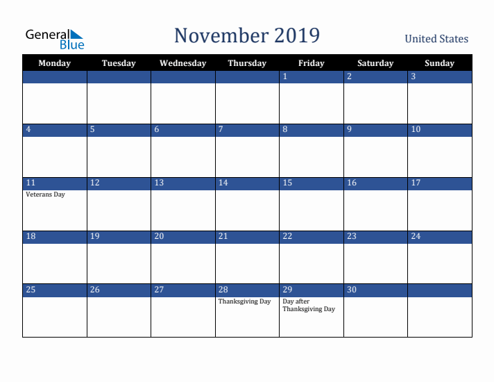 November 2019 United States Calendar (Monday Start)