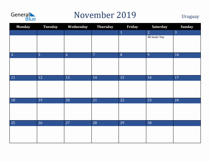 November 2019 Uruguay Calendar (Monday Start)