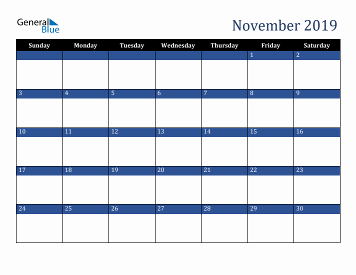 Sunday Start Calendar for November 2019