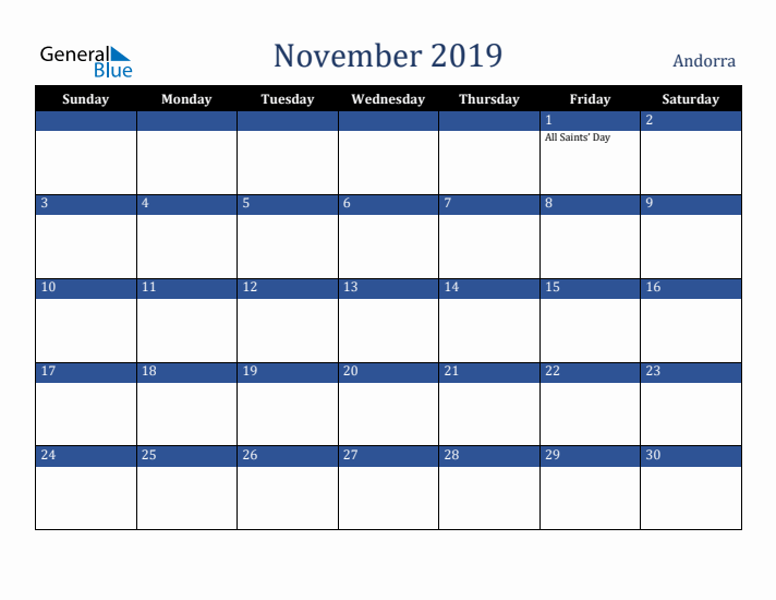 November 2019 Andorra Calendar (Sunday Start)