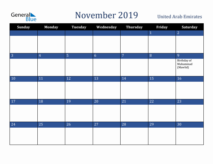November 2019 United Arab Emirates Calendar (Sunday Start)