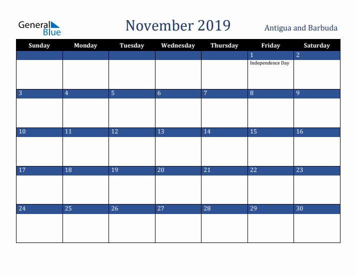 November 2019 Antigua and Barbuda Calendar (Sunday Start)