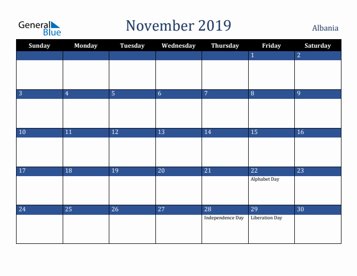 November 2019 Albania Calendar (Sunday Start)