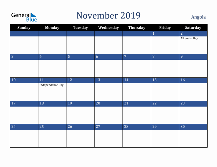 November 2019 Angola Calendar (Sunday Start)