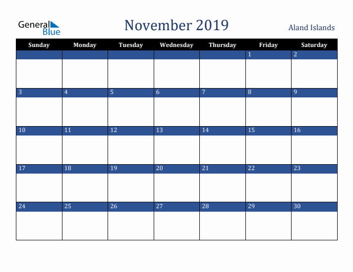 November 2019 Aland Islands Calendar (Sunday Start)