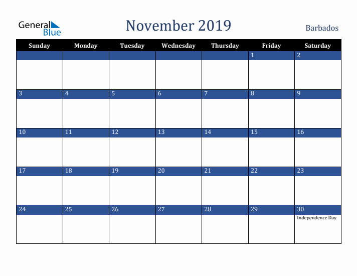 November 2019 Barbados Calendar (Sunday Start)