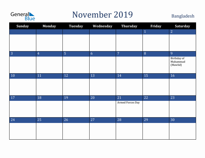 November 2019 Bangladesh Calendar (Sunday Start)