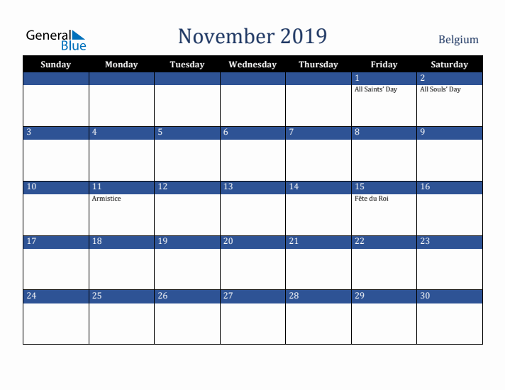 November 2019 Belgium Calendar (Sunday Start)