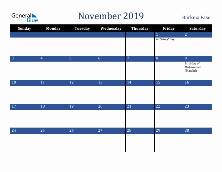 November 2019 Burkina Faso Calendar (Sunday Start)