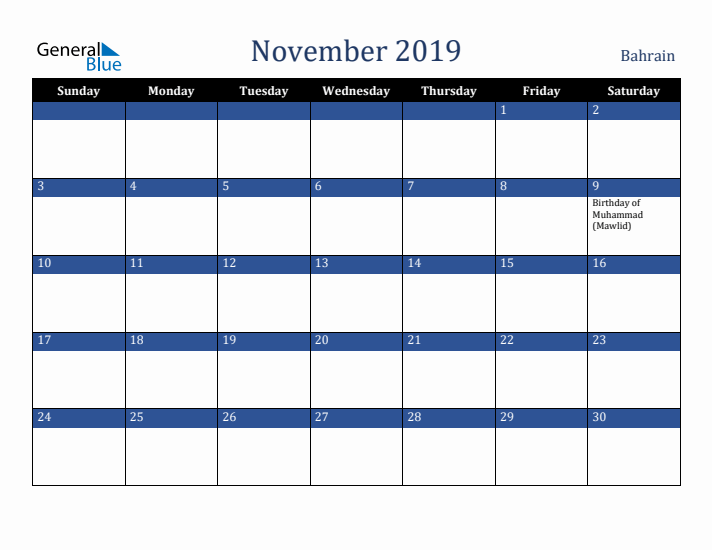 November 2019 Bahrain Calendar (Sunday Start)