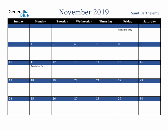 November 2019 Saint Barthelemy Calendar (Sunday Start)