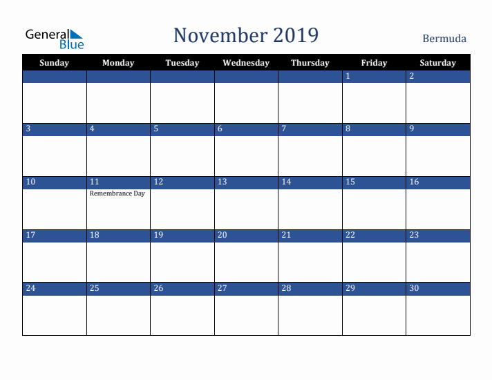 November 2019 Bermuda Calendar (Sunday Start)