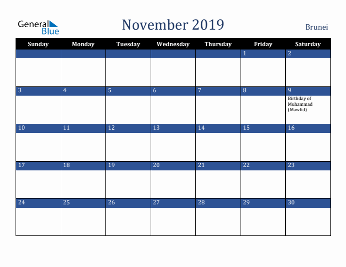 November 2019 Brunei Calendar (Sunday Start)