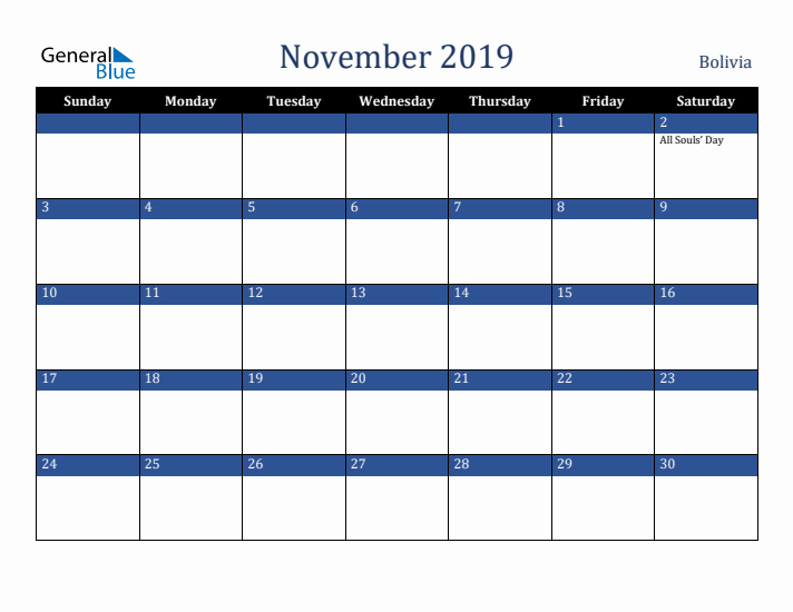 November 2019 Bolivia Calendar (Sunday Start)