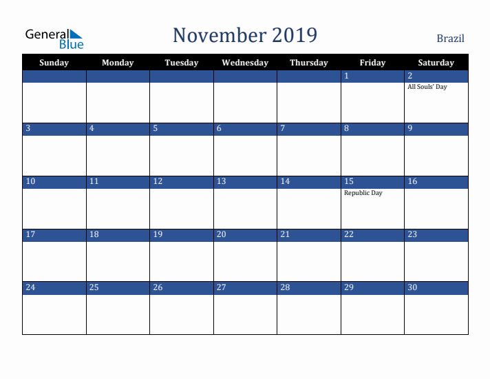November 2019 Brazil Calendar (Sunday Start)