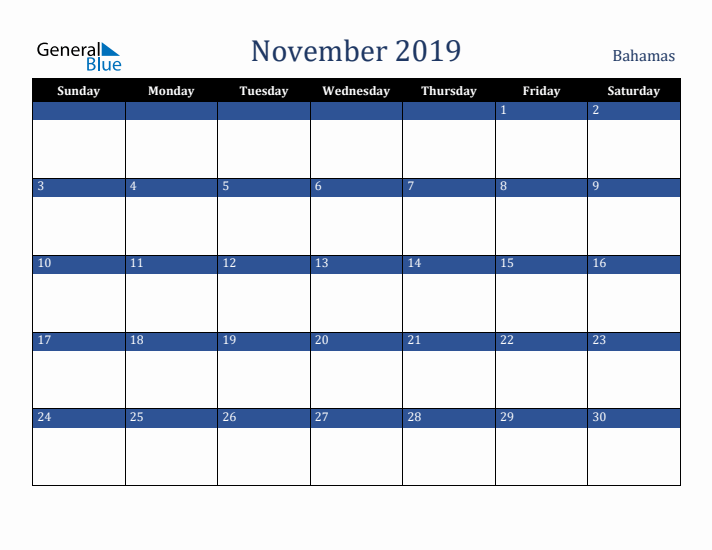 November 2019 Bahamas Calendar (Sunday Start)