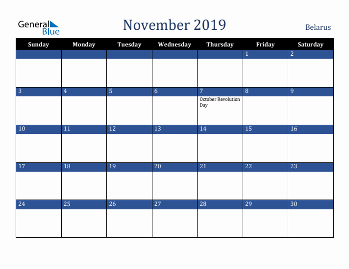 November 2019 Belarus Calendar (Sunday Start)