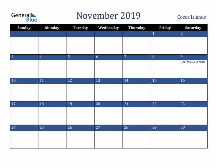 November 2019 Cocos Islands Calendar (Sunday Start)