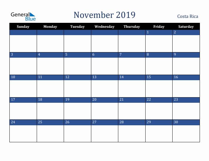 November 2019 Costa Rica Calendar (Sunday Start)
