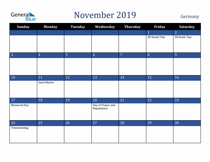 November 2019 Germany Calendar (Sunday Start)