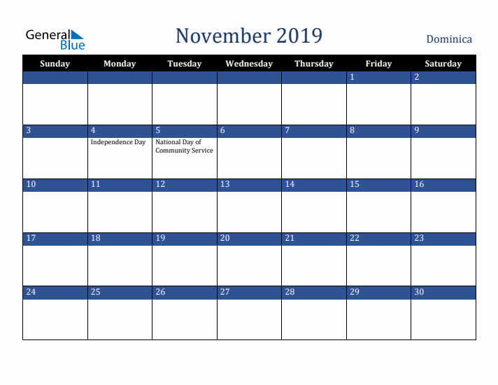 November 2019 Dominica Calendar (Sunday Start)
