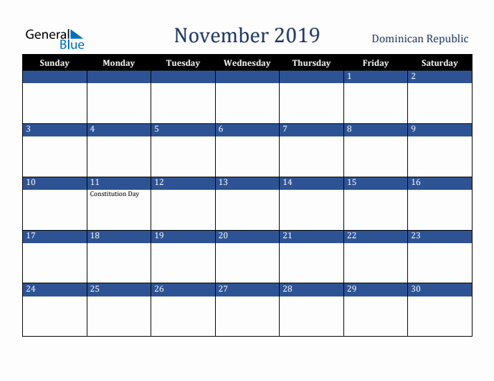 November 2019 Dominican Republic Calendar (Sunday Start)