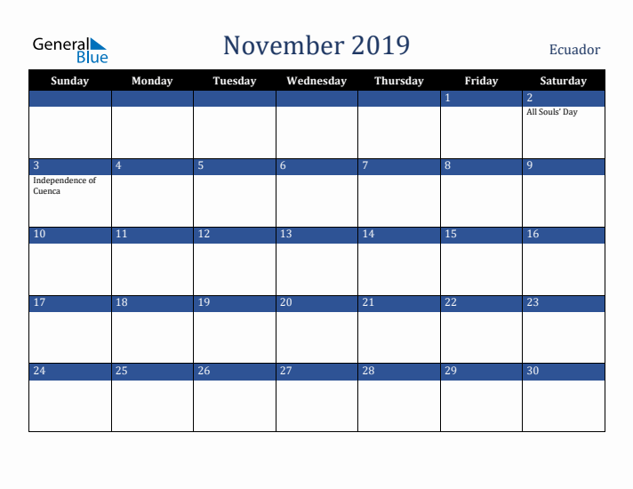 November 2019 Ecuador Calendar (Sunday Start)