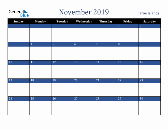 November 2019 Faroe Islands Calendar (Sunday Start)