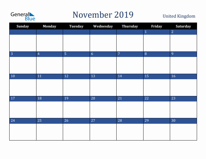 November 2019 United Kingdom Calendar (Sunday Start)