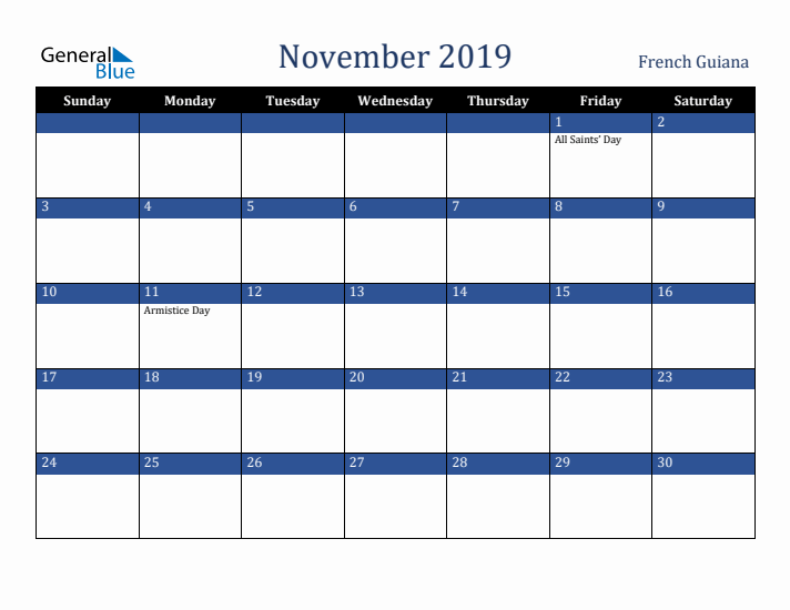 November 2019 French Guiana Calendar (Sunday Start)