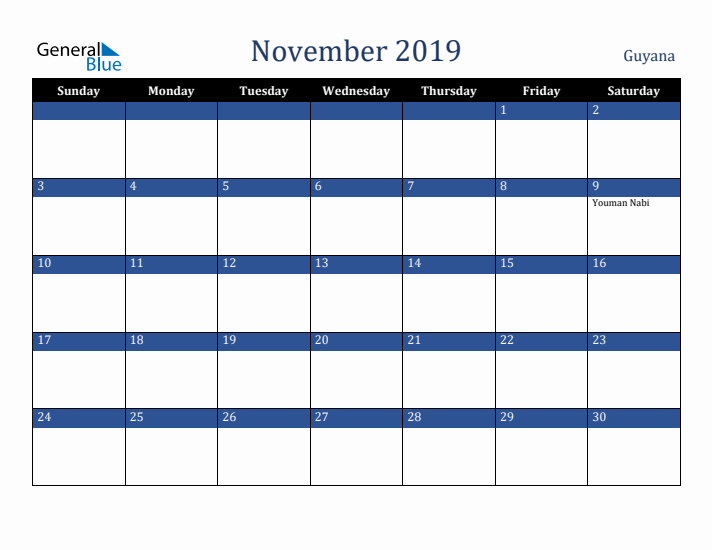 November 2019 Guyana Calendar (Sunday Start)