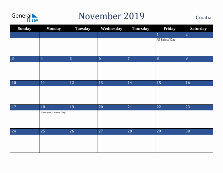 November 2019 Croatia Calendar (Sunday Start)