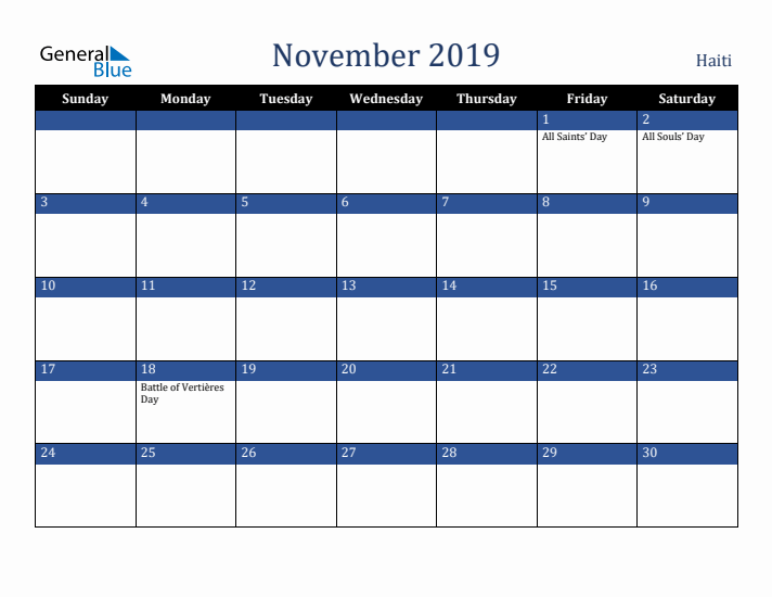 November 2019 Haiti Calendar (Sunday Start)