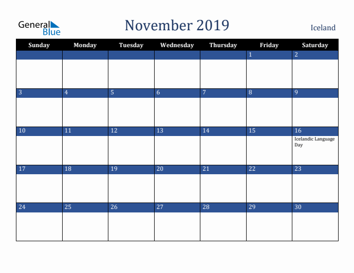 November 2019 Iceland Calendar (Sunday Start)