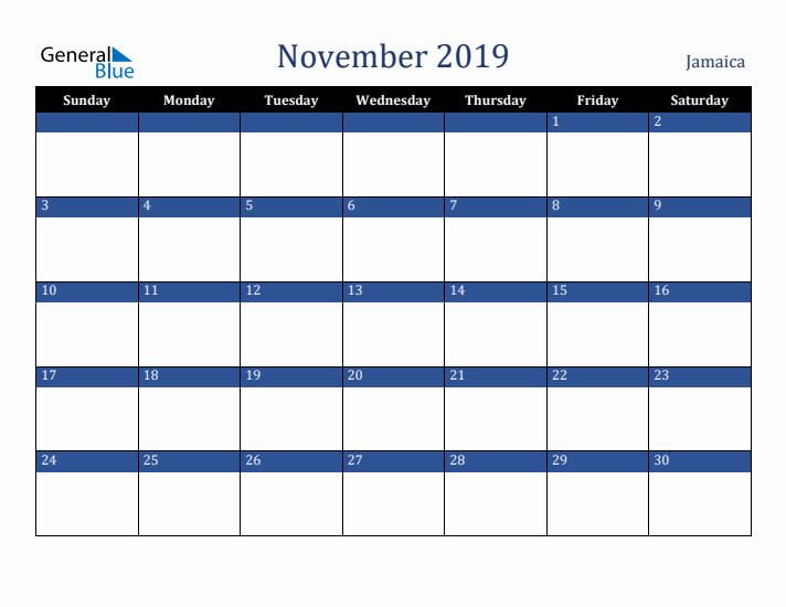 November 2019 Jamaica Calendar (Sunday Start)