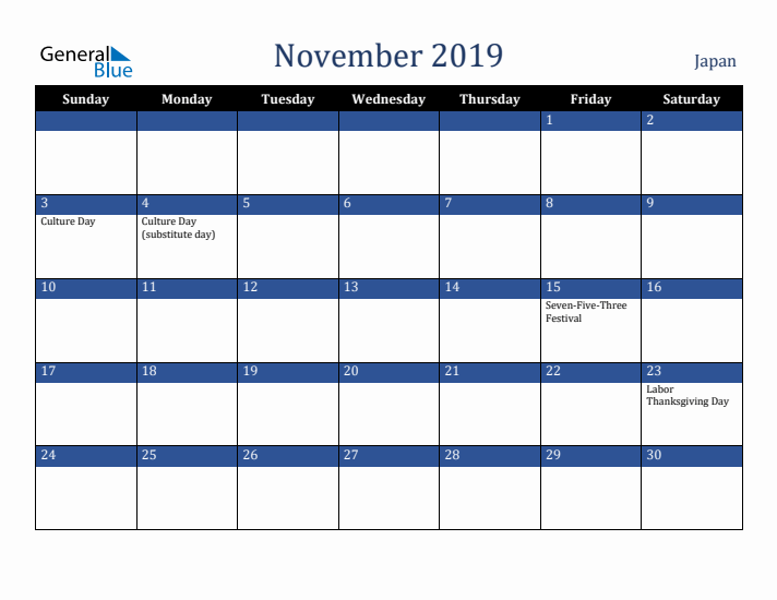November 2019 Japan Calendar (Sunday Start)