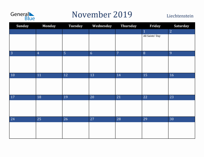 November 2019 Liechtenstein Calendar (Sunday Start)