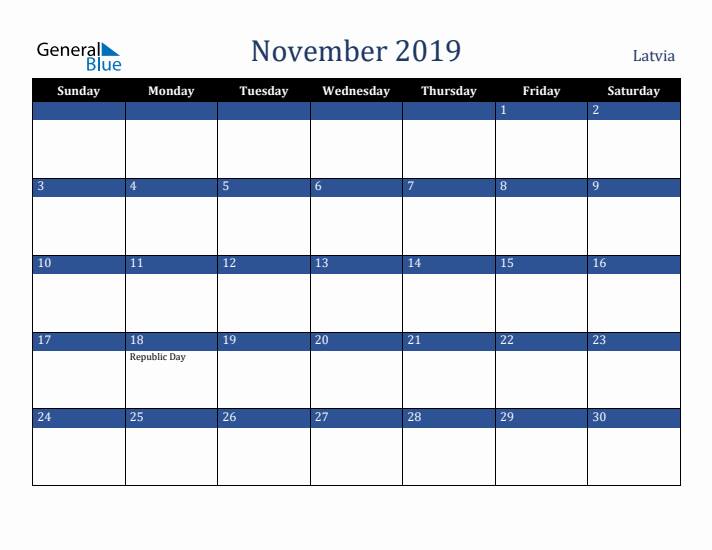 November 2019 Latvia Calendar (Sunday Start)