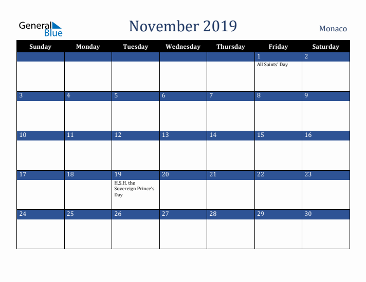 November 2019 Monaco Calendar (Sunday Start)